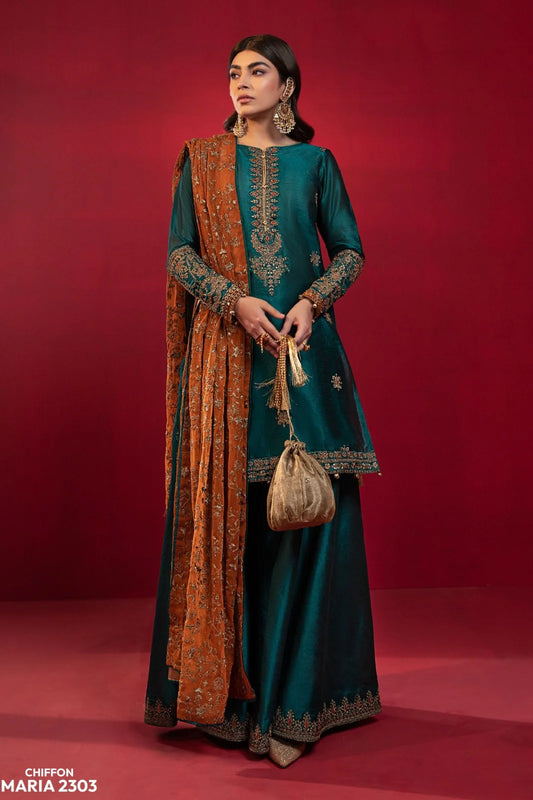 MariaB Luxury Chiffon Unstitched 3pc Bottle Green lf990