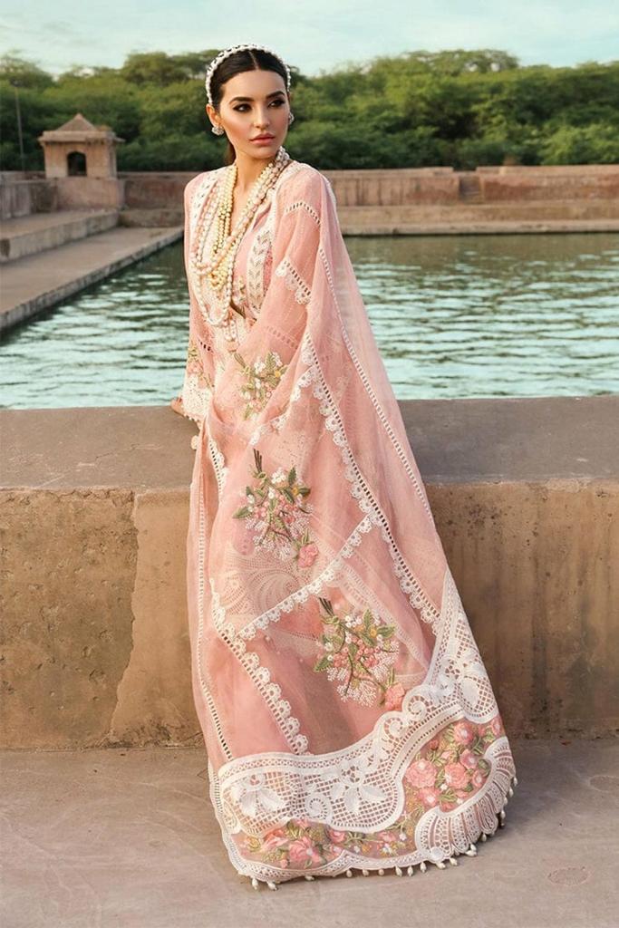 TEA PINK EMBROIDERED LAWN SUIT WITH EMBROIDERED ORGANZA