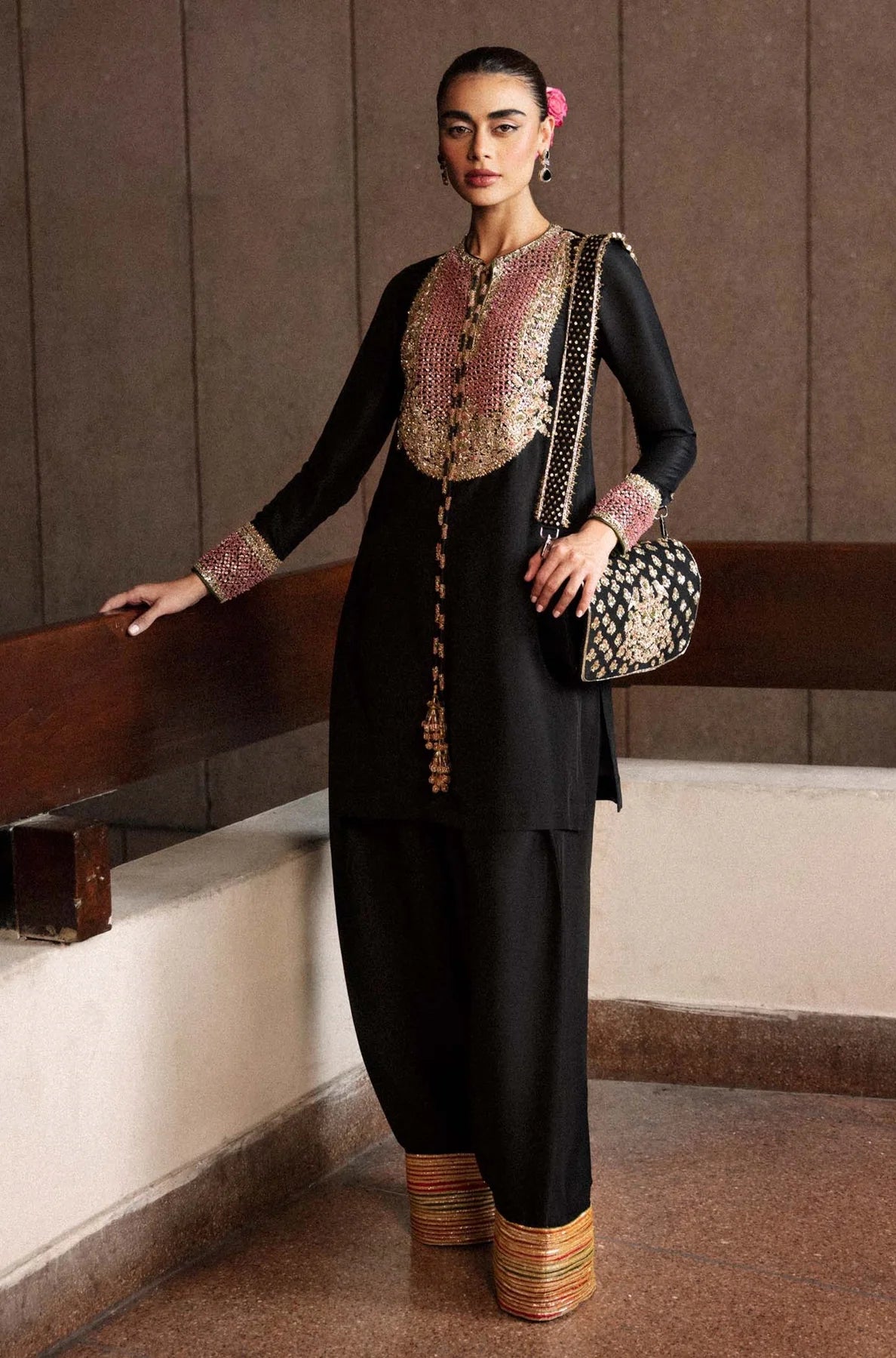 Hussain Rehar Black Formal Collection Raw Silk Replica