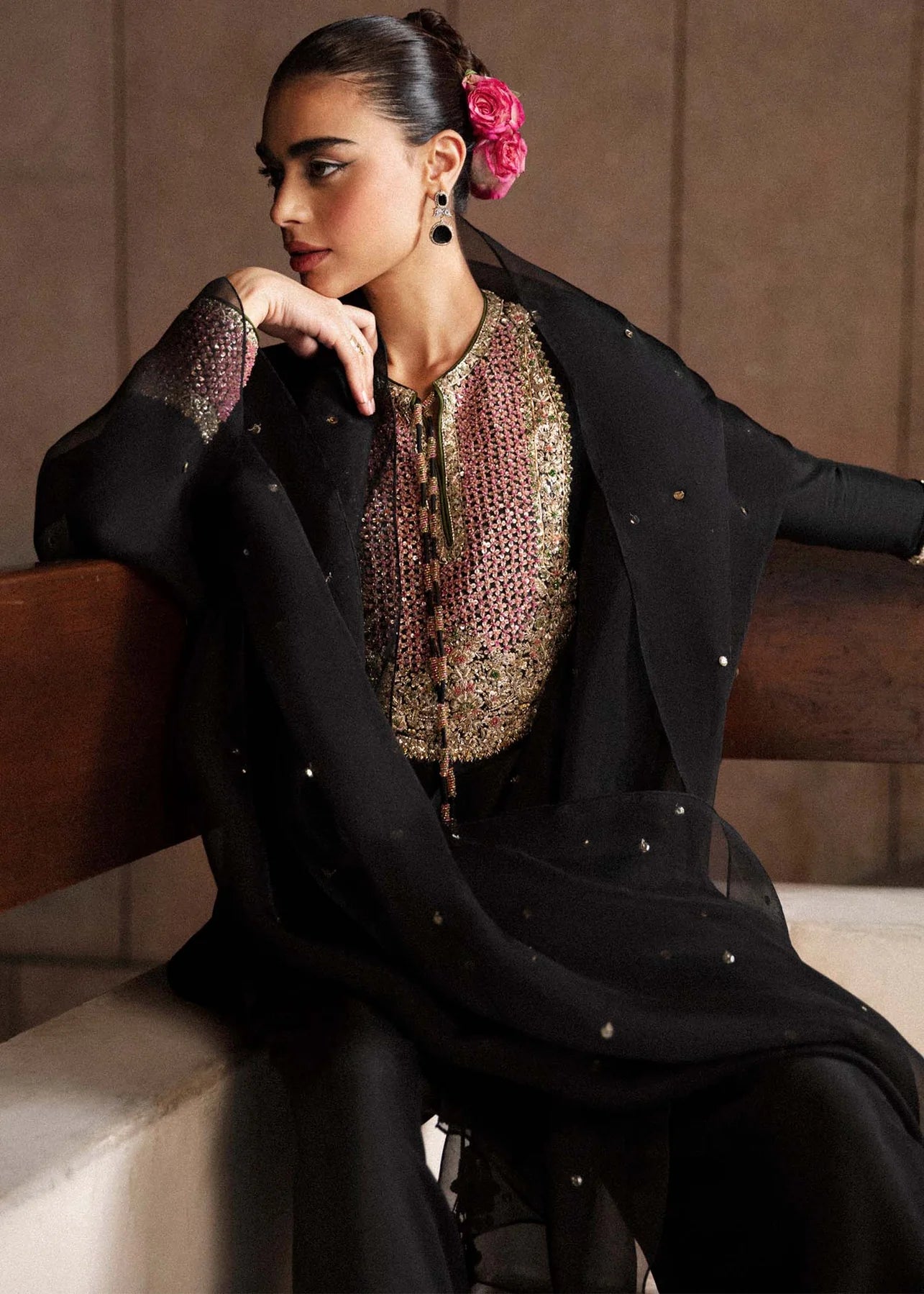 Hussain Rehar Black Formal Collection Raw Silk Replica