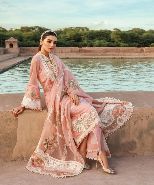 TEA PINK EMBROIDERED LAWN SUIT WITH EMBROIDERED ORGANZA